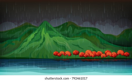 Nature scene with red trees and big lake illustration