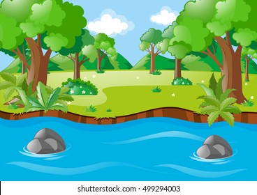 Nature scene with river and field illustration