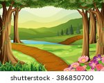 Nature scene with river and forest illustration