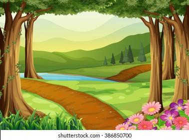 Nature scene with river and forest illustration