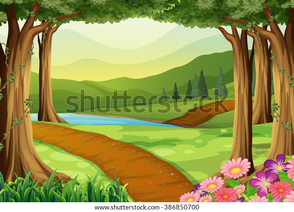 川と森のイラストを使った自然のシーン のベクター画像素材 ロイヤリティフリー