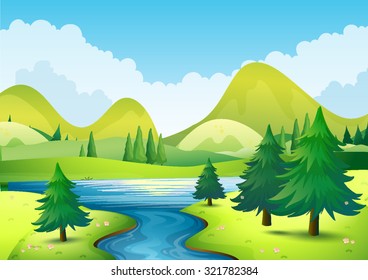 Nature scene and river   hills illustration