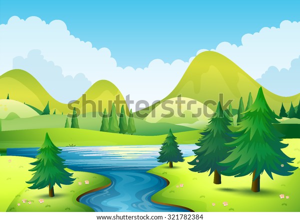 Nature Scene River Hills Illustration Stock Vector (Royalty Free) 321782384