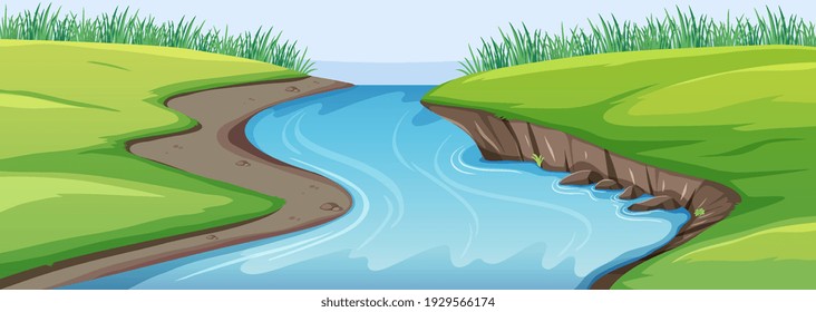 Nature scene with river and meadow illustration