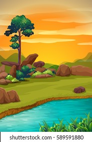Nature scene with river and pond