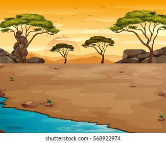 Nature scene with river at sunset illustration