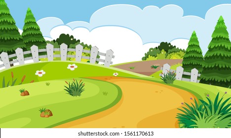 Nature scene with road and fence in the park illustration