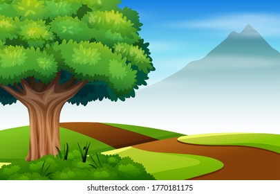 Nature scene with road and green field