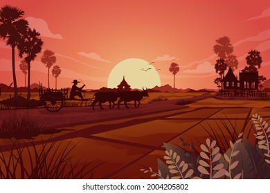 Nature scene of rural land agriculture grassland, abtract Silhouette of Asian farmers working at rice field, vector illustration 