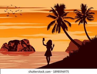 Nature scene of sea in summer woman hold smartphone to selfie herself,vector illustration