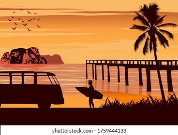 Nature scene of sea in summer,man hold surfboard near beach and wooden port,vintage color design,vector illustration