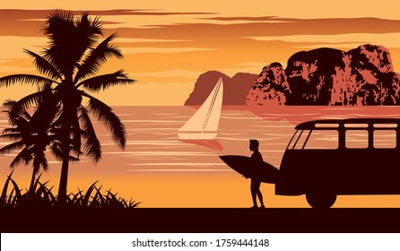 Nature scene of sea in summer,man hold surfboard near beach,vintage color design,vector illustration