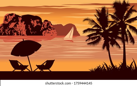 Nature Scene Of Sea In Summer,umbrella And Cot Are On Beach,vintage Color Design,vector Illustration