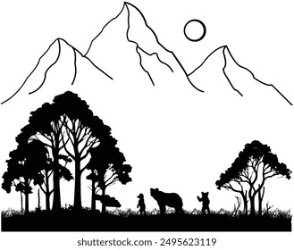 Escena de Naturaleza que muestra a Bear con sus dos osos bebés y montañas – Clipart de escena – Cachorros de oso 