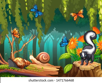 Nature scene with skunk and butterflies in forest illustration