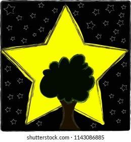 Nature scene with star and tree.Good Night and Sweet Dreams.Nature.