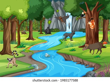 Nature scene with stream flowing through the forest with wild animals illustration