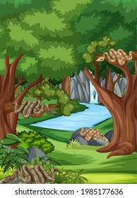 Nature scene with stream flowing through the forest with many snakes illustration