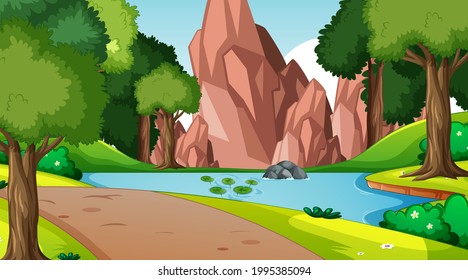 Nature scene with stream flowing through the forest illustration