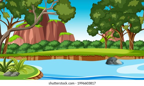 Nature scene with stream flowing through the forest illustration