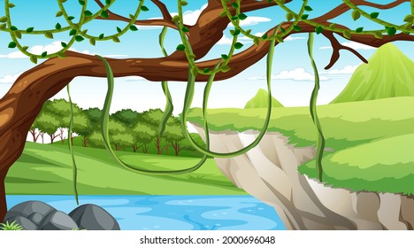 Nature scene with stream flowing through the cliff illustration