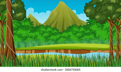 Nature scene with stream flowing through the forest and mountain background illustration