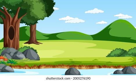 Nature scene with stream flowing through the forest illustration