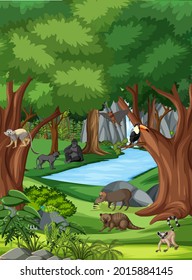 Nature scene with stream flowing through the forest with wild animals illustration