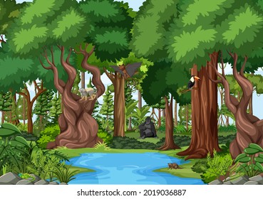 Nature scene with stream flowing through the forest with wild animals illustration