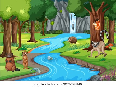 Nature scene with stream flowing through the forest with wild animals illustration