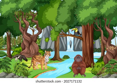 Escena de la naturaleza con arroyo fluyendo por el bosque con ilustración de animales salvajes