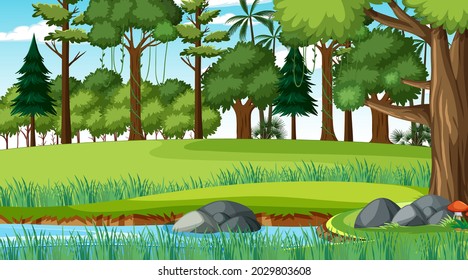 Nature scene with stream flowing through the forest illustration
