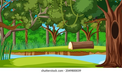Nature scene with stream flowing through the forest illustration