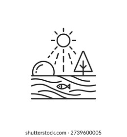 Nature scene with sun tree fish in water and hill eco friendly environment