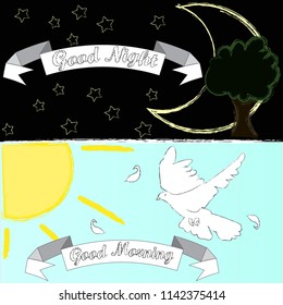 Nature scene with sun,moon,stars and the tree.Good Morning and Good Night.Moon and sun.Nature.
