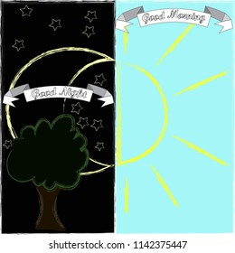Nature scene with sun,moon,stars and the tree.Good Morning and Good Night.Moon and sun.Nature.