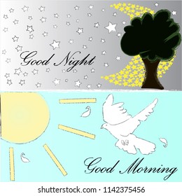 Nature scene with sun,moon,stars and the tree.Good Morning and Good Night.Moon and sun.Nature.