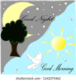 Nature scene with sun,moon,stars and the tree.Good Morning and Good Night.Moon and sun.Nature.