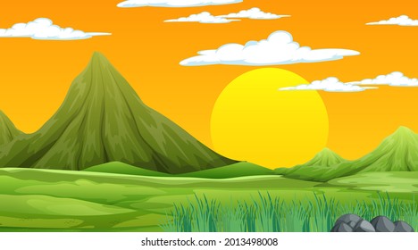 Nature scene at sunset time with meadow landscape and mountain background illustration