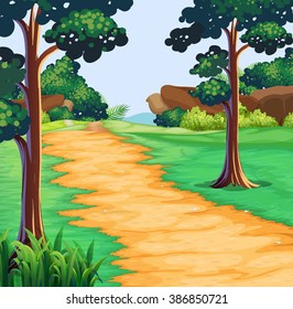 Nature scene with tree along the trail illustration