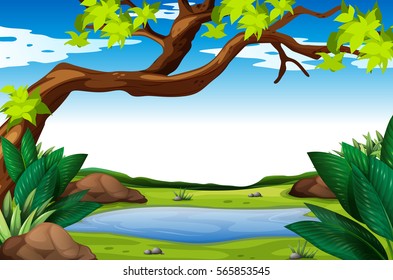 Nature scene with tree and pond illustration