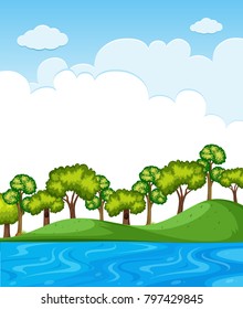 Escena de la naturaleza con árboles e ilustración del cielo azul