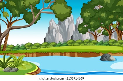 Nature scene with trees and fields illustration