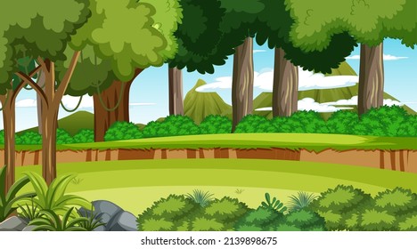 Escenario de la naturaleza con árboles y campos de ilustración