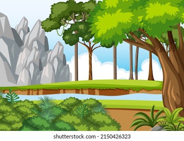 Nature scene with trees and fields illustration
