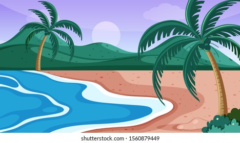 Escena natural con árboles en la ilustración de la playa