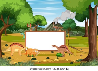 Nature scene with trees on mountains with sign board and dinosaur illustration