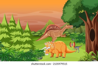 Nature scene with trees on mountains with dinosaur illustration