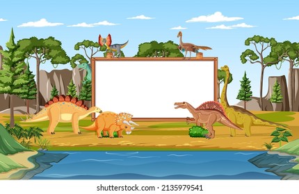 Nature scene with trees on mountains with sign board and dinosaur illustration