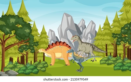 Escena de la naturaleza con árboles en montañas con ilustración de dinosaurios